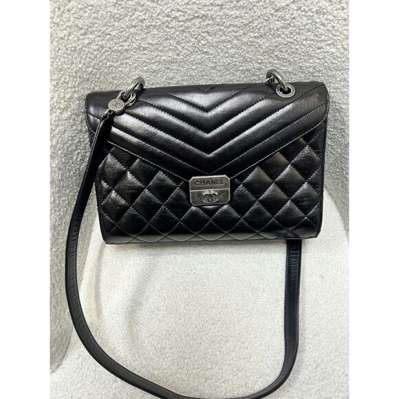 CHANEL Handbags - Chanel Chevron Quilted Flap Bag in Black Lambskin Silver Hardware Dustbag & Box